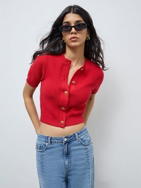 LOV by Westside Red Knit-Textured Cardigan