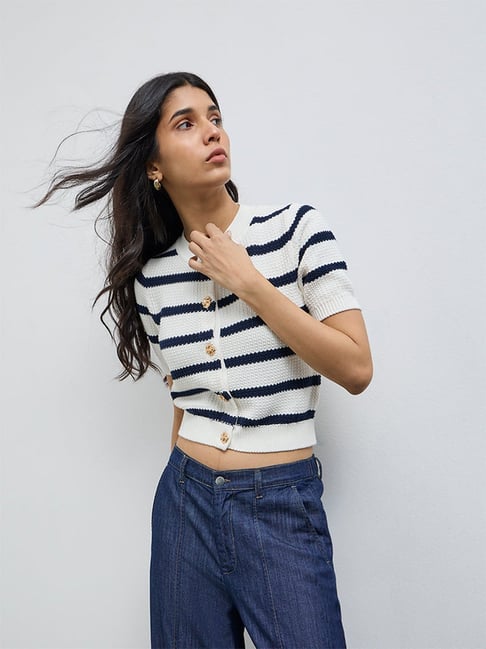 LOV by Westside Off-White Striped Knit-Textured Cardigan