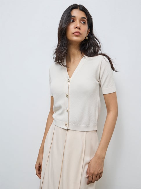 LOV by Westside Cream Popcorn Knit-Textured Cardigan