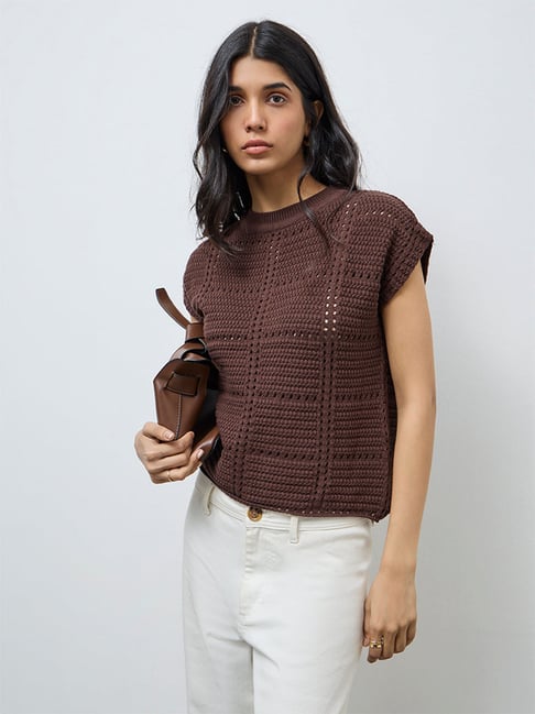 LOV by Westside Dark Brown Crochet Knit-Textured Top