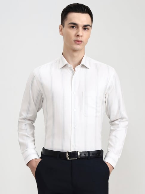 Metal White & Grey Cotton Slim Fit Solid Shirt