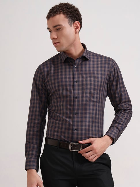 Metal Blue Cotton Slim Fit Checked Shirt