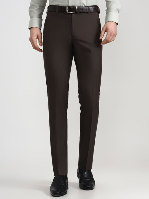 Metal Brown Slim Fit Solid Trousers