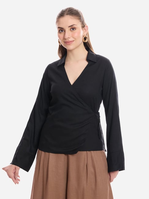 VIRGIO Black Regular Fit Wrap Tie-Up Top