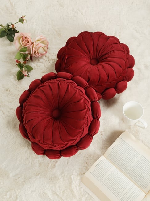HOSTA HOMES Maroon Polyester Floral Reversible Cushion - Set of 2