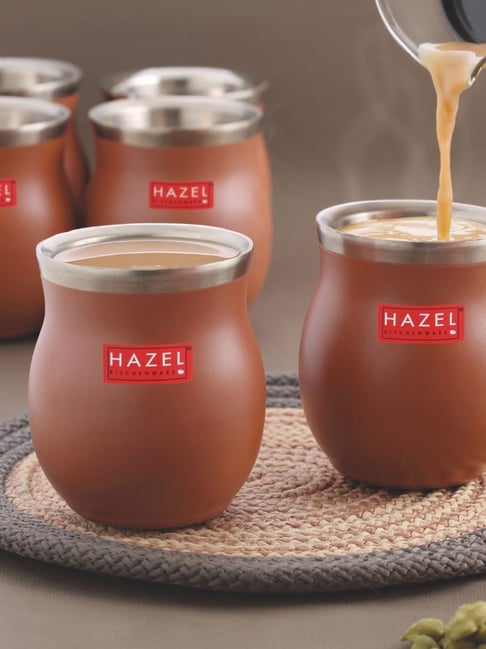 HAZEL Brown Stainless Steel Double Wall Hammered Finish Tea & Coffee Cup Kullad Set of 6 - (150 ml)