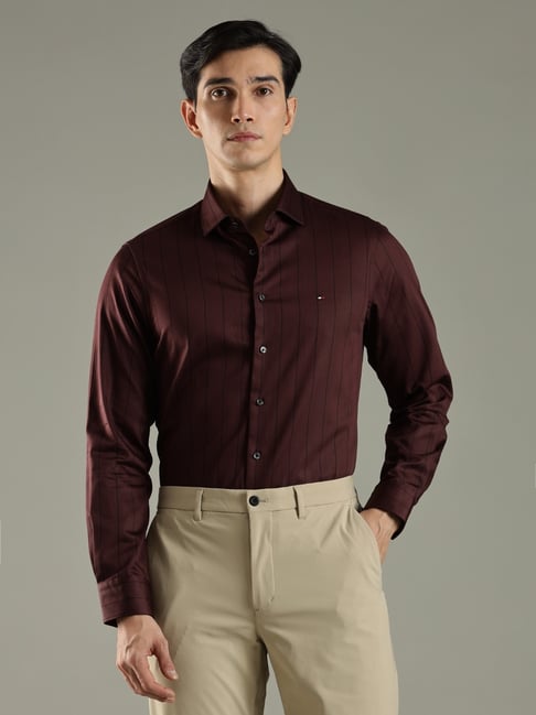 TOMMY HILFIGER Maroon Striped Slim Fit Shirt