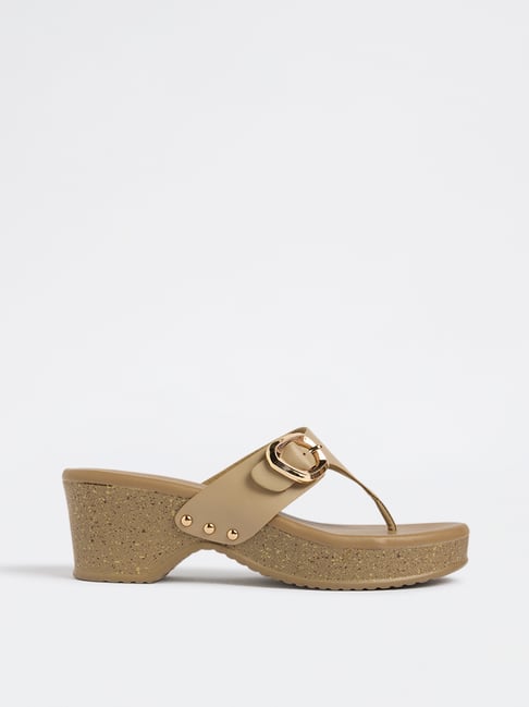 LUNA BLU by Westside Taupe Buckle-Detailed Thong Strap Sandals