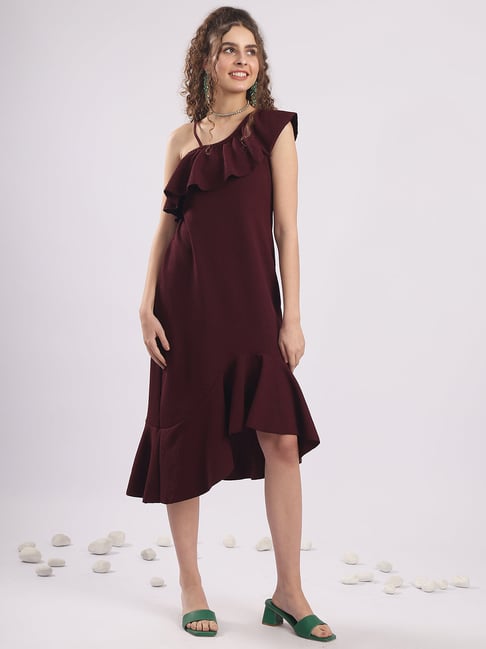 NEUDIS Wine Polyester Solid Asymmetrical Dress-picture-28