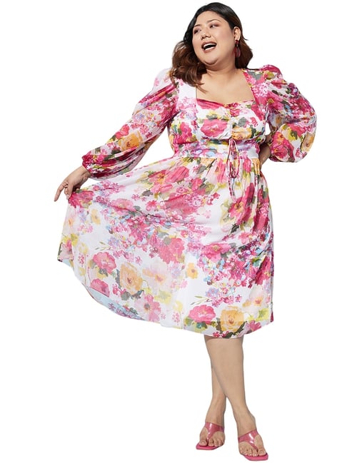 Aarein White Floral Chiffon Oversized Midi Dress