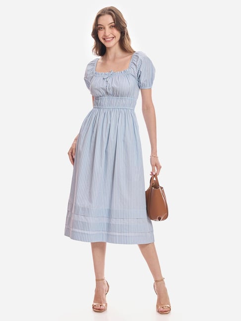 Virgio Blue Cotton Striped Midi Dress