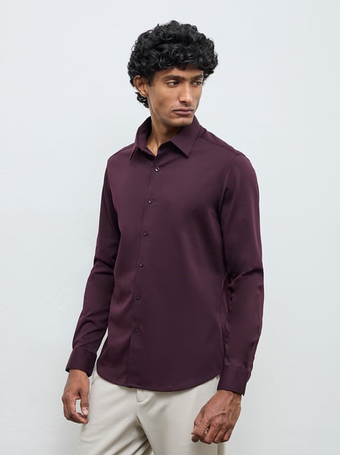 WES Formals by Westside Dark Wine Slim-Fit Cotton-Blend Shirt