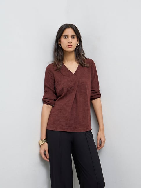 Wardrobe by Westside Brown Crinkle-Texture Blouse