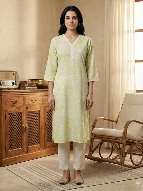 W Light Green Cotton Printed Kurta-picture-13