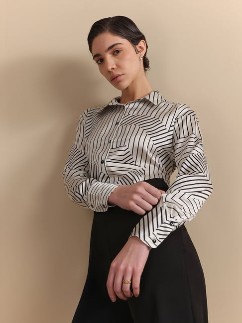 fable street Fablestreet White & Black Satin Abstract Shirt-picture-32