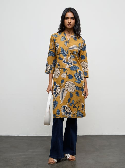 Utsa by Westside Mustard Floral Printed Cotton Straight Kurta-picture-34
