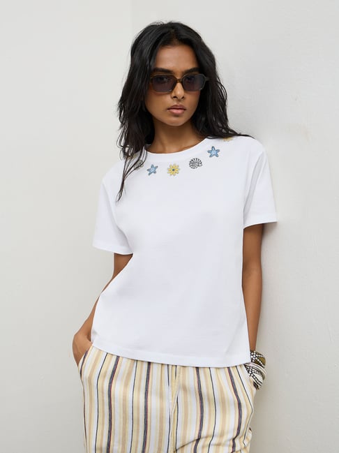 LOV by Westside White Embellished Cotton T-Shirt