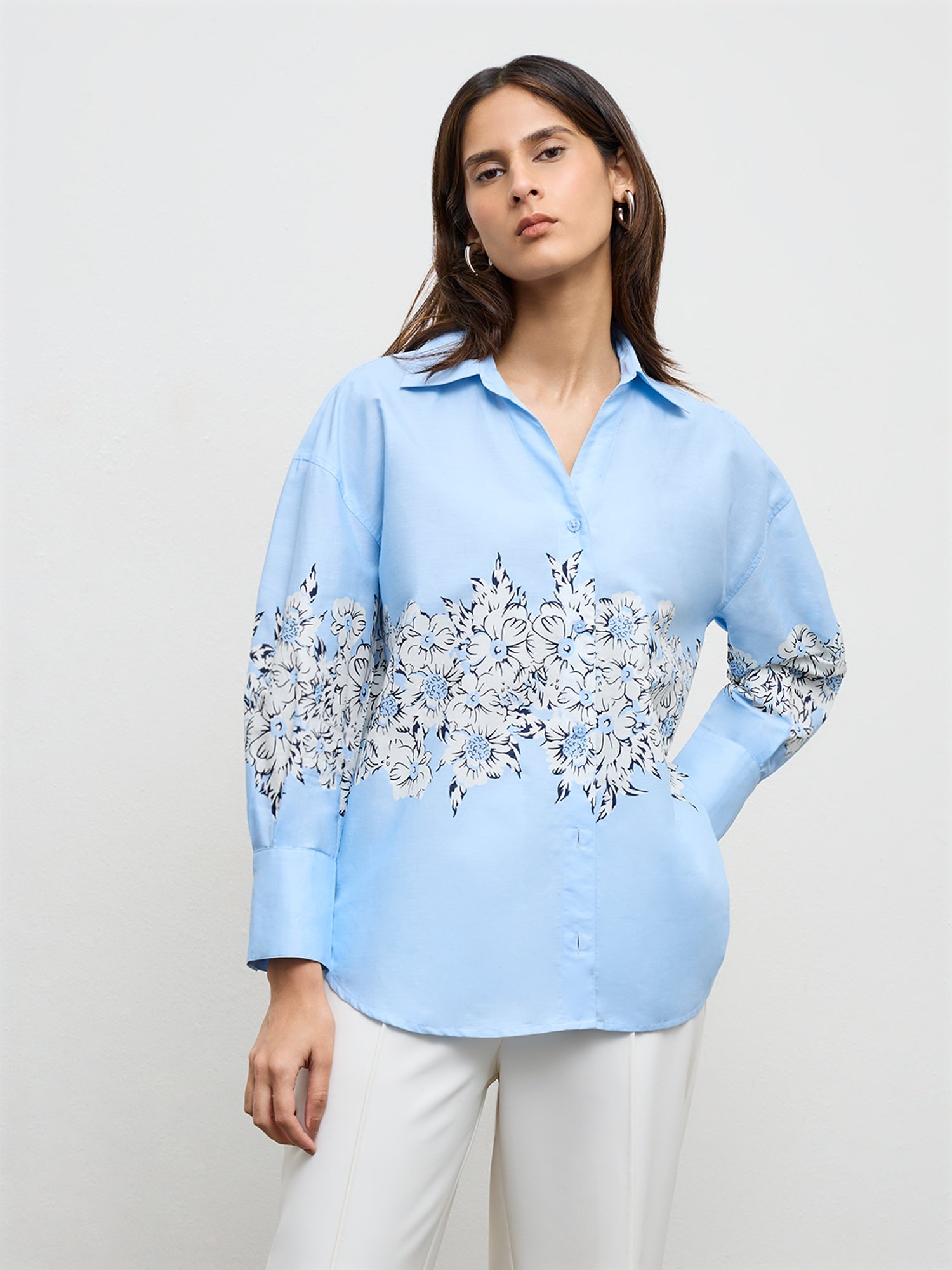 Wardrobe by Westside Light Blue Floral Printed Cotton Shirt