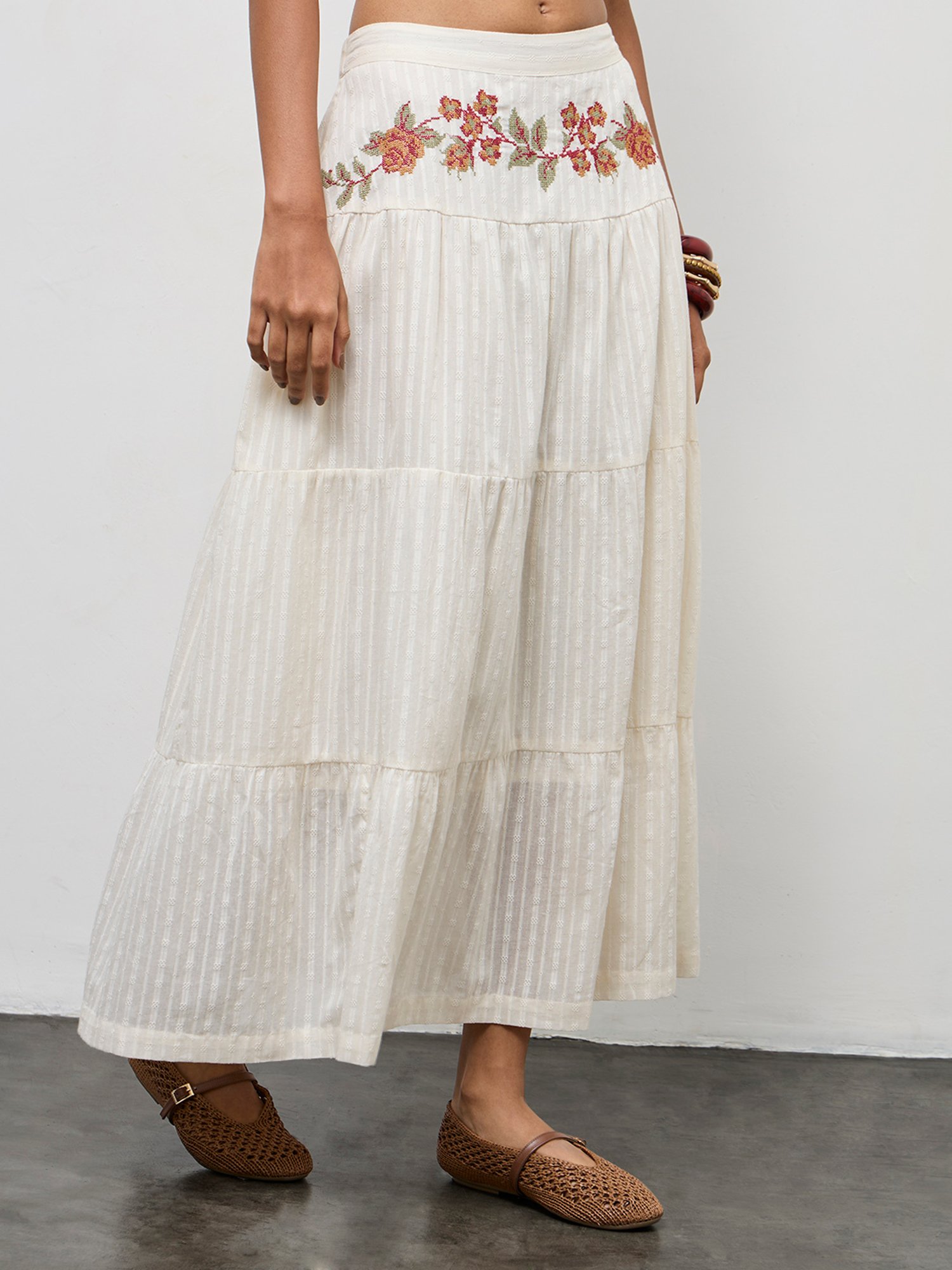 Bombay Paisley by Westside Off-White Embroidered Cotton Tiered Skirt