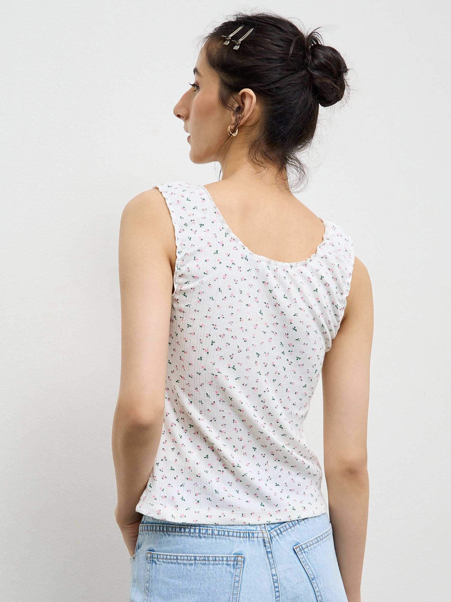 Nuon by Westside White Floral Printed Cotton-Blend Tank Top