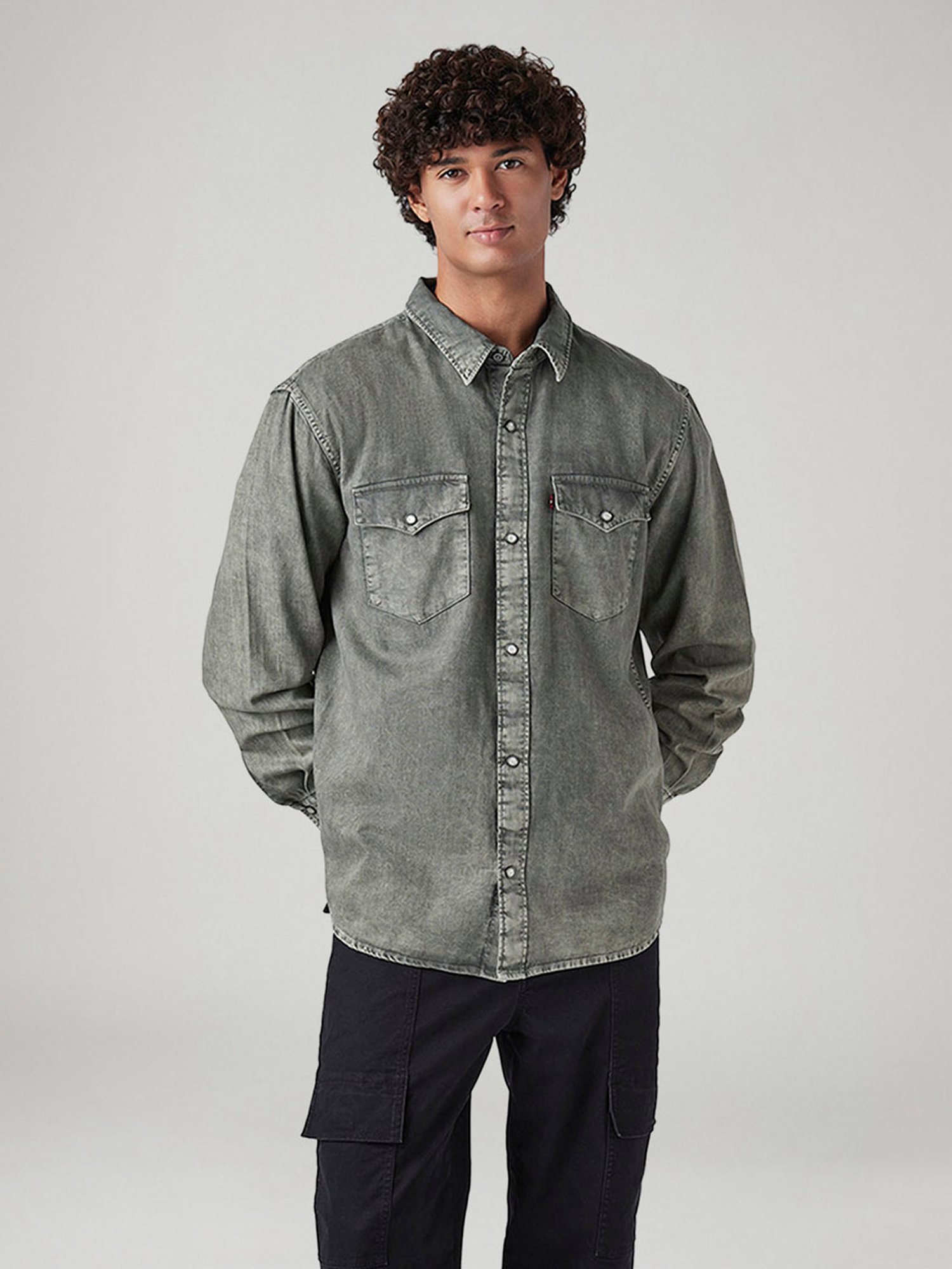 grey dress shirt with jeans Albiate Washed Grey Denim Shirt