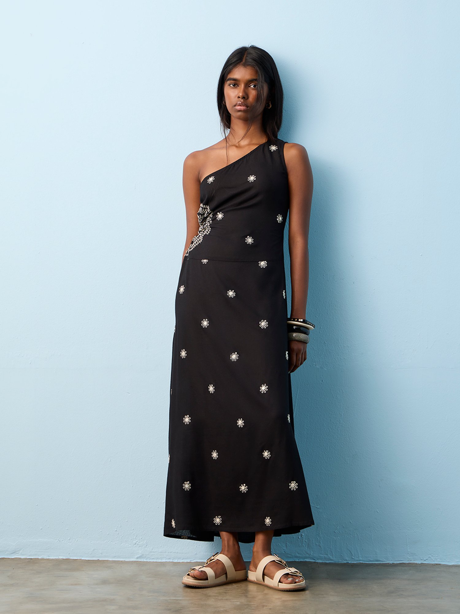 Bombay Paisley by Westside Black Embroidered One-Shoulder Dress