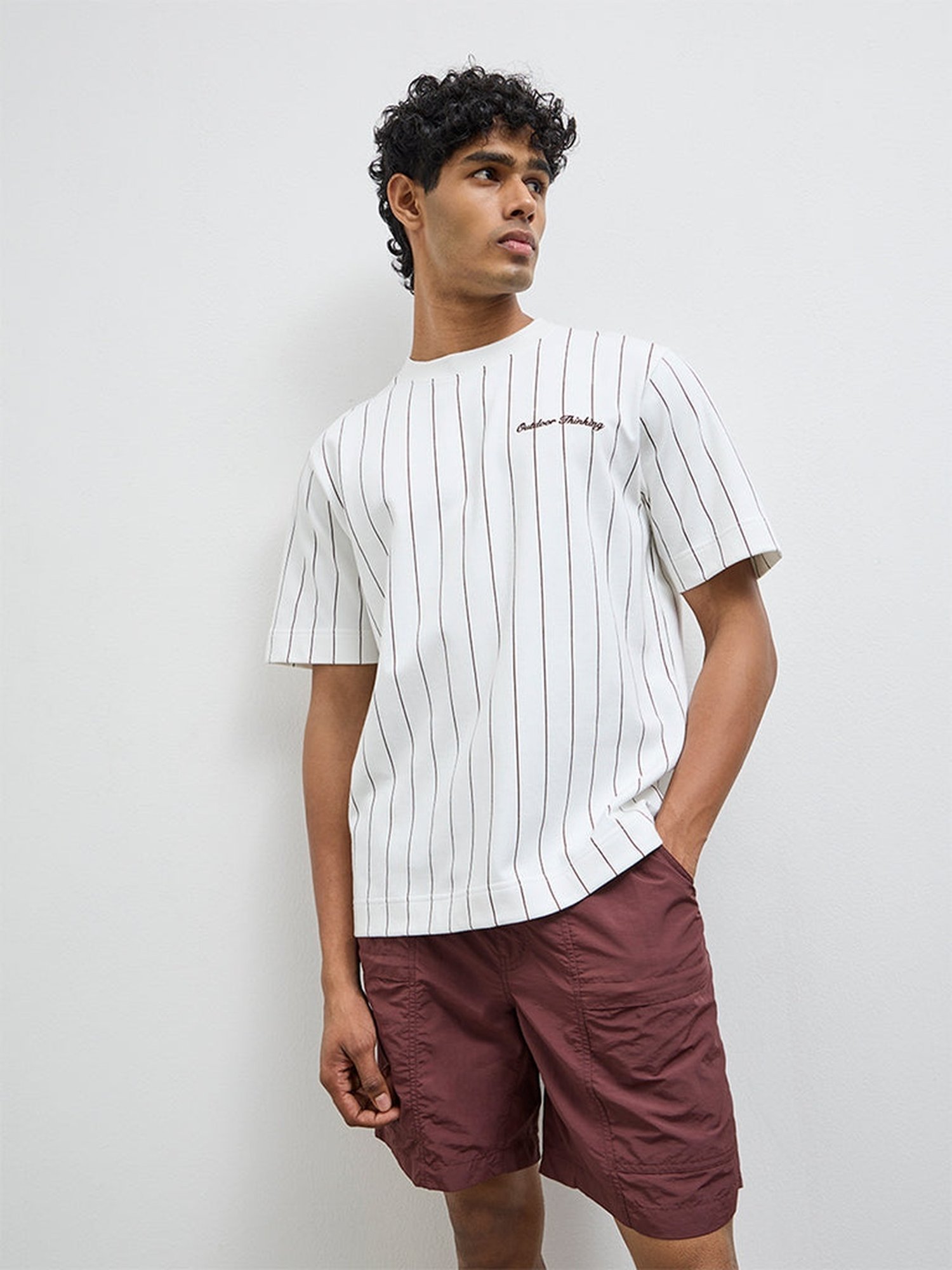 Nuoflexx by Westside White Striped Relaxed-Fit Cotton-Blend T-Shirt