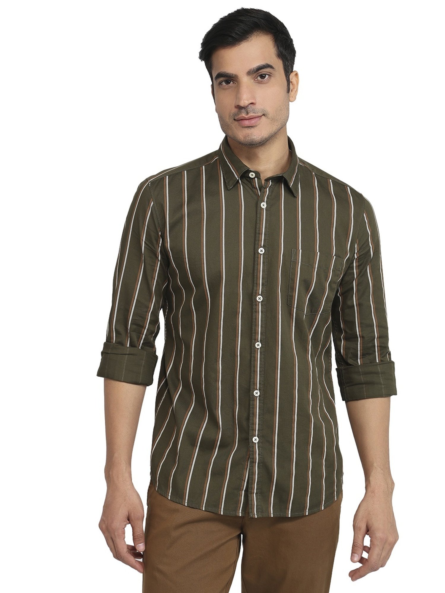 Parx Dark Green Cotton Slim Fit Striped Shirt