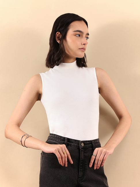 Buy Fablestreet Pure Cotton White Sleeveless T-Shirt for Women