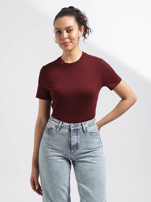 Calvin Klein Jeans Maroon Cotton Regular Fit T-Shirt