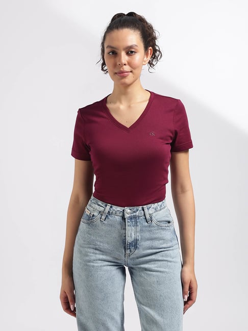 Calvin Klein Jeans Burgundy Cotton Relaxed Fit T-Shirt