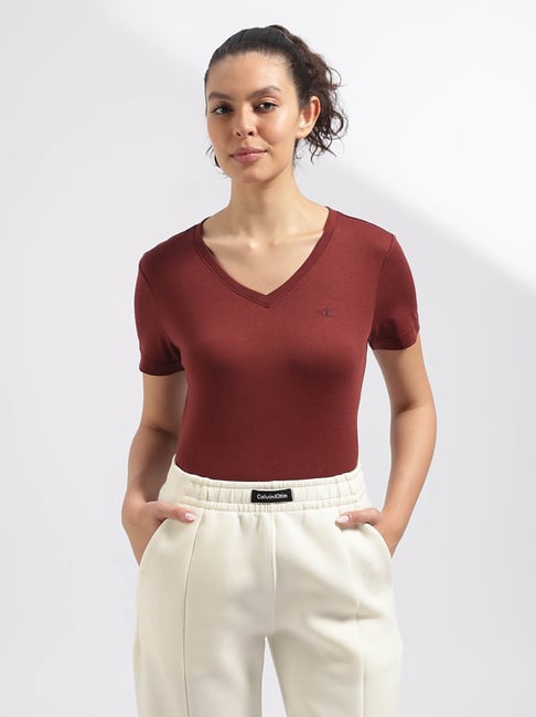 Calvin Klein Jeans Maroon Cotton Relaxed Fit T-Shirt