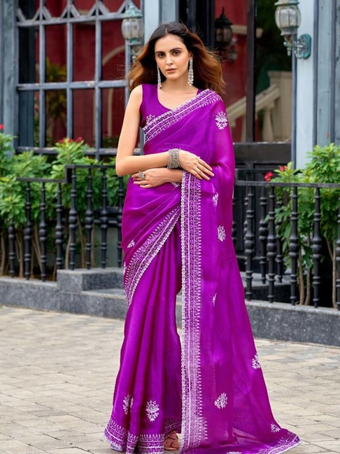 Odette Purple Chiffon Saree With Unstitched Blouse-picture-12