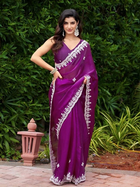 Odette Purple Chiffon Saree With Unstitched Blouse-picture-10