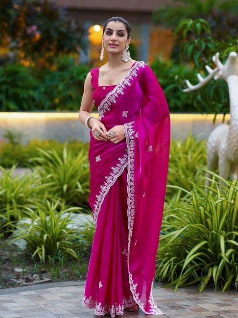 Odette Pink Chiffon Saree With Unstitched Blouse-picture-18