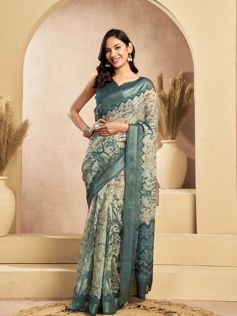 Odette Grey & Off White Printed Saree With Unstitched Blouse-picture-40