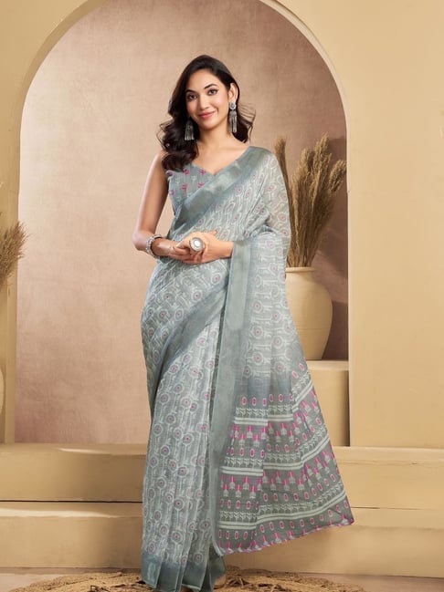 Odette Grey Printed Saree With Unstitched Blouse-image-43