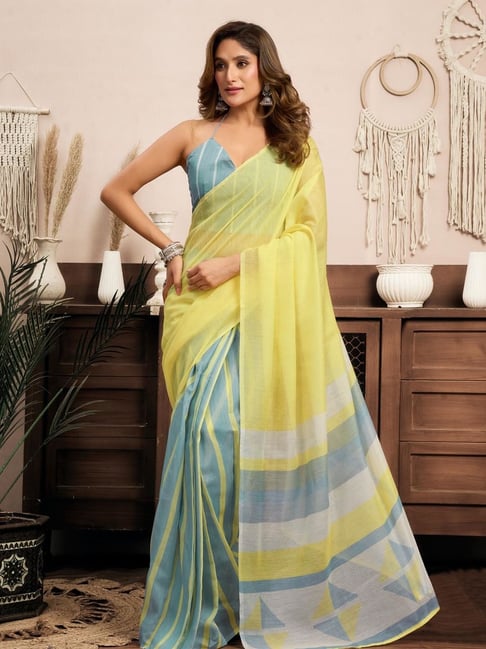 Odette Blue & Yellow Striped Saree With Unstitched Blouse-picture-40