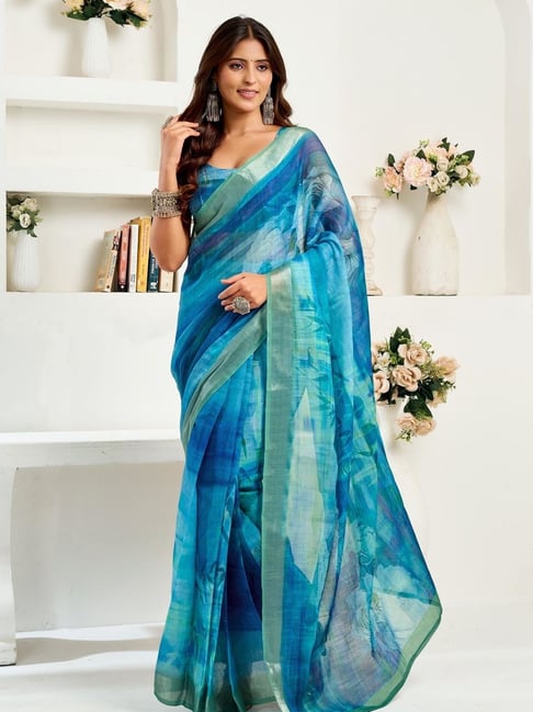 Odette Blue Printed Saree With Unstitched Blouse-picture-40