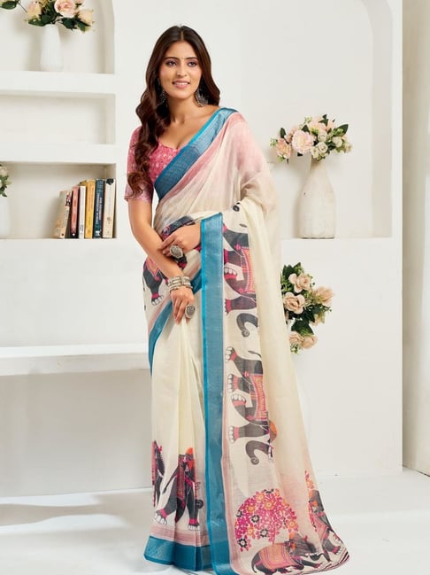 Odette Off White Printed Saree With Unstitched Blouse-picture-16