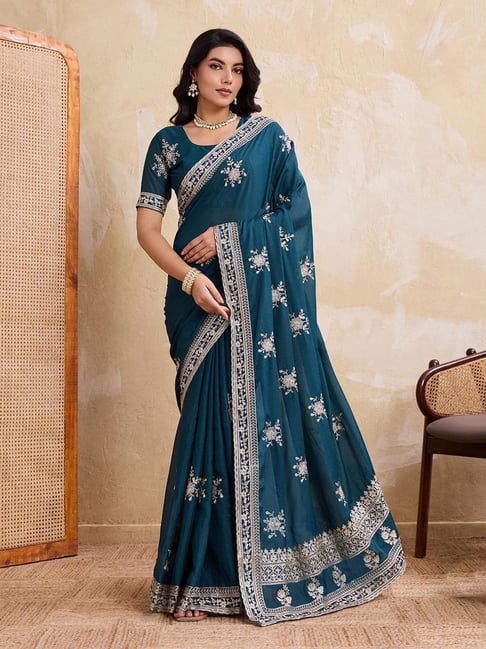 Odette Teal Georgette Saree With Unstitched Blouse-picture-41