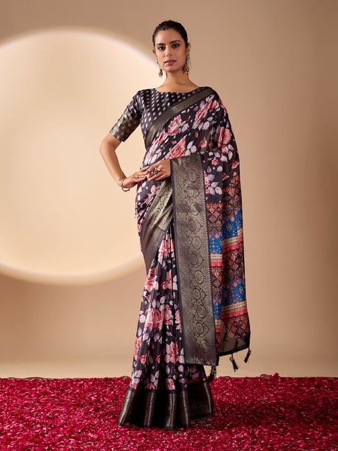 Odette Black Printed Saree With Unstitched Blouse-picture-29