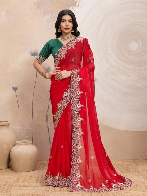 Odette Red Chiffon Saree With Unstitched Blouse-picture-15
