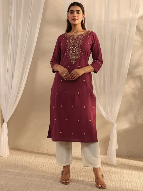 Libas Maroon Cotton Straight Fit Embroidered Kurta-picture-37