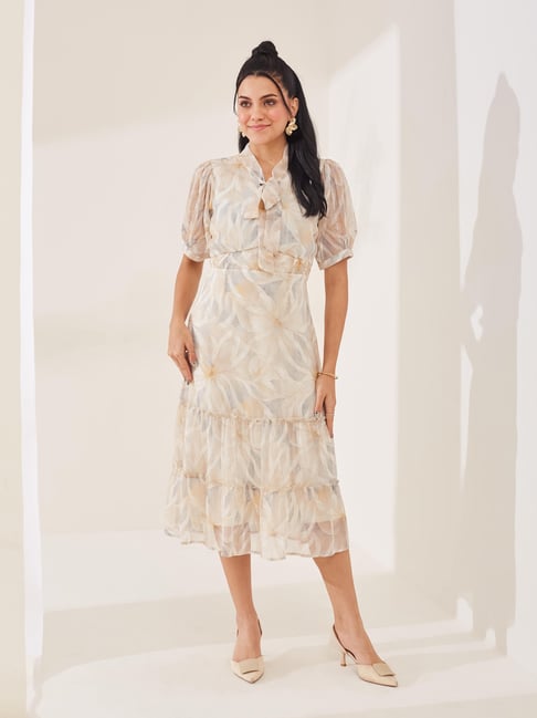 Latin Quarters Beige Polyester Printed Fit & Flare Dress-picture-31