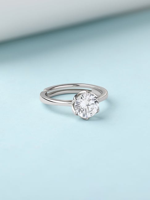 Ornate Jewels 925 Silver Rhodium Plated American Diamond Solitaire Adjustable Ring