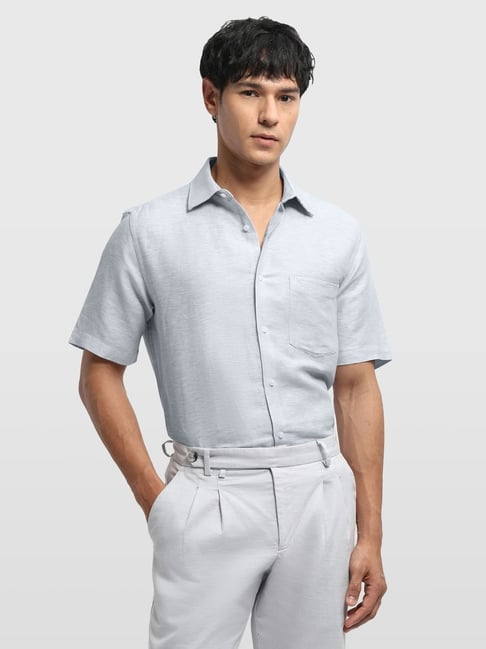 Arrow Men's Grey Regular Fit Woven Design Linen Formal Shirt