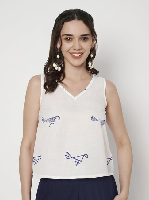 9rasa Off White Cotton Printed Top