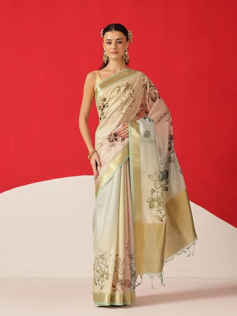 Silk Land Beige Tissue Floral Print Saree-picture-44