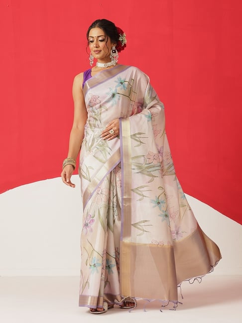 Silk Land Off White Tissue Floral Print Saree With Unstitched Blouse-picture-27